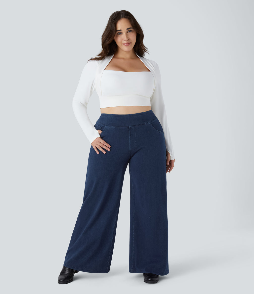 High Waisted Pockets Baggy Wide Leg Loose Casual Plus Size Jeans — Washed Denim Navy Blue — view 7