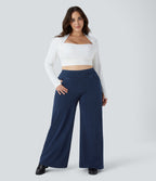 High Waisted Pockets Baggy Wide Leg Loose Casual Plus Size Jeans — Washed Denim Navy Blue — view 7