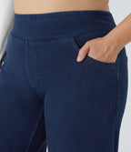 High Waisted Pockets Baggy Wide Leg Loose Casual Plus Size Jeans — Washed Denim Navy Blue — view 4
