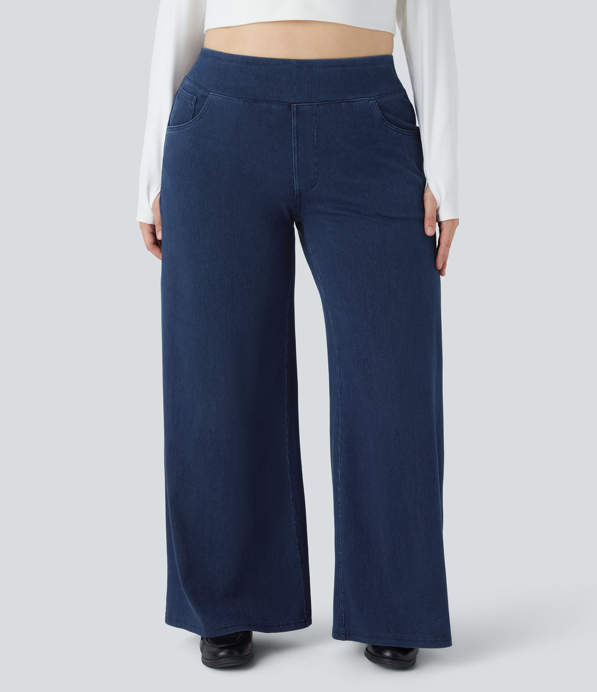 High Waisted Pockets Baggy Wide Leg Loose Casual Plus Size Jeans — Washed Denim Navy Blue — view 2