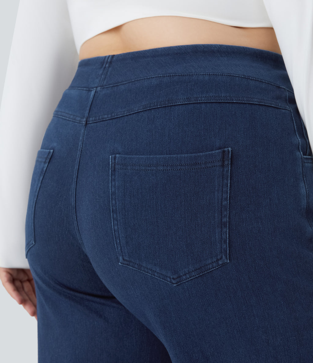 High Waisted Pockets Baggy Wide Leg Loose Casual Plus Size Jeans — Washed Denim Navy Blue — view 5
