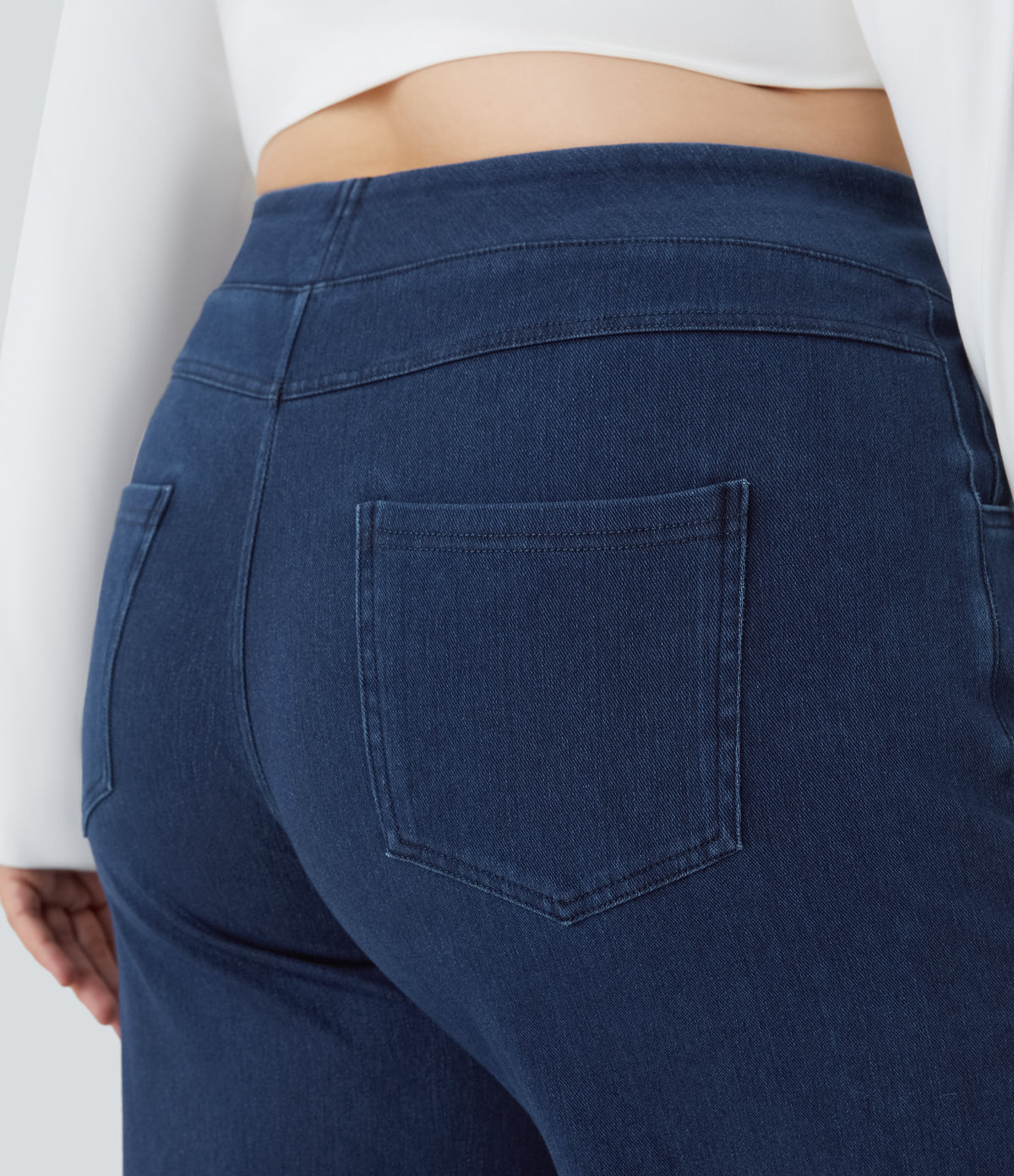 High Waisted Pockets Baggy Wide Leg Loose Casual Plus Size Jeans — Washed Denim Navy Blue — view 5