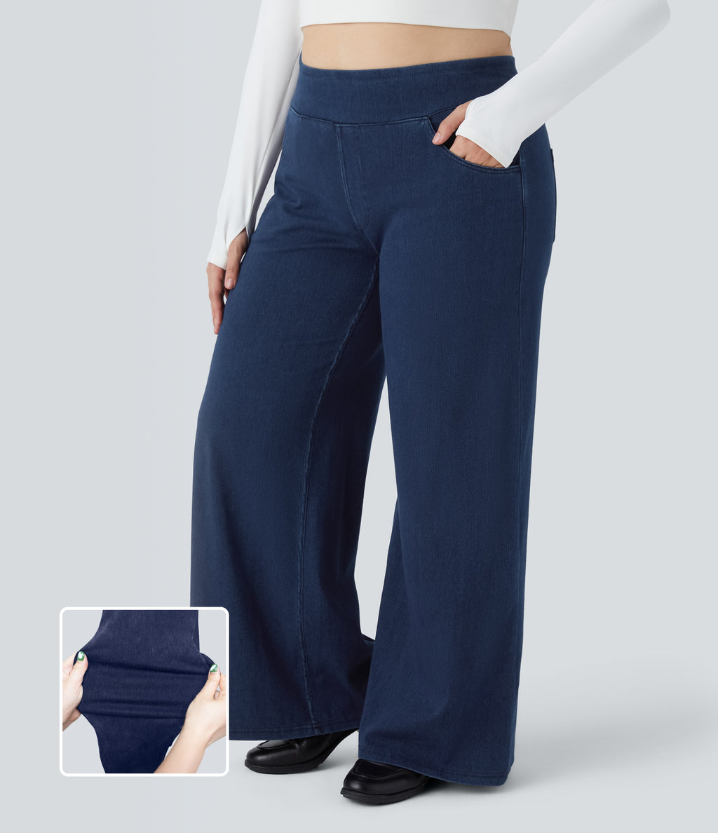 High Waisted Pockets Baggy Wide Leg Loose Casual Plus Size Jeans — Washed Denim Navy Blue — view 1