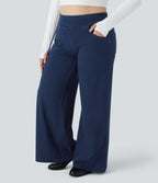 High Waisted Pockets Baggy Wide Leg Loose Casual Plus Size Jeans — Washed Denim Navy Blue — view 3