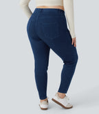 High Waisted Pockets Denim Work 7/8 Plus Size Leggings — Washed Denim Navy Blue — view 1
