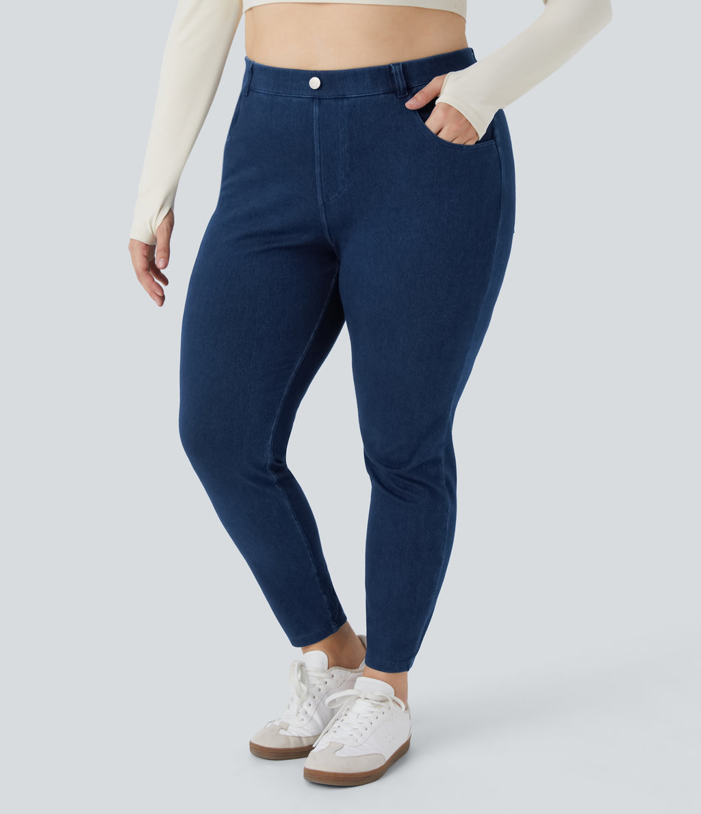 High Waisted Pockets Denim Work 7/8 Plus Size Leggings — Washed Denim Navy Blue — view 2