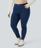 High Waisted Pockets Denim Work 7/8 Plus Size Leggings — Washed Denim Navy Blue — view 2