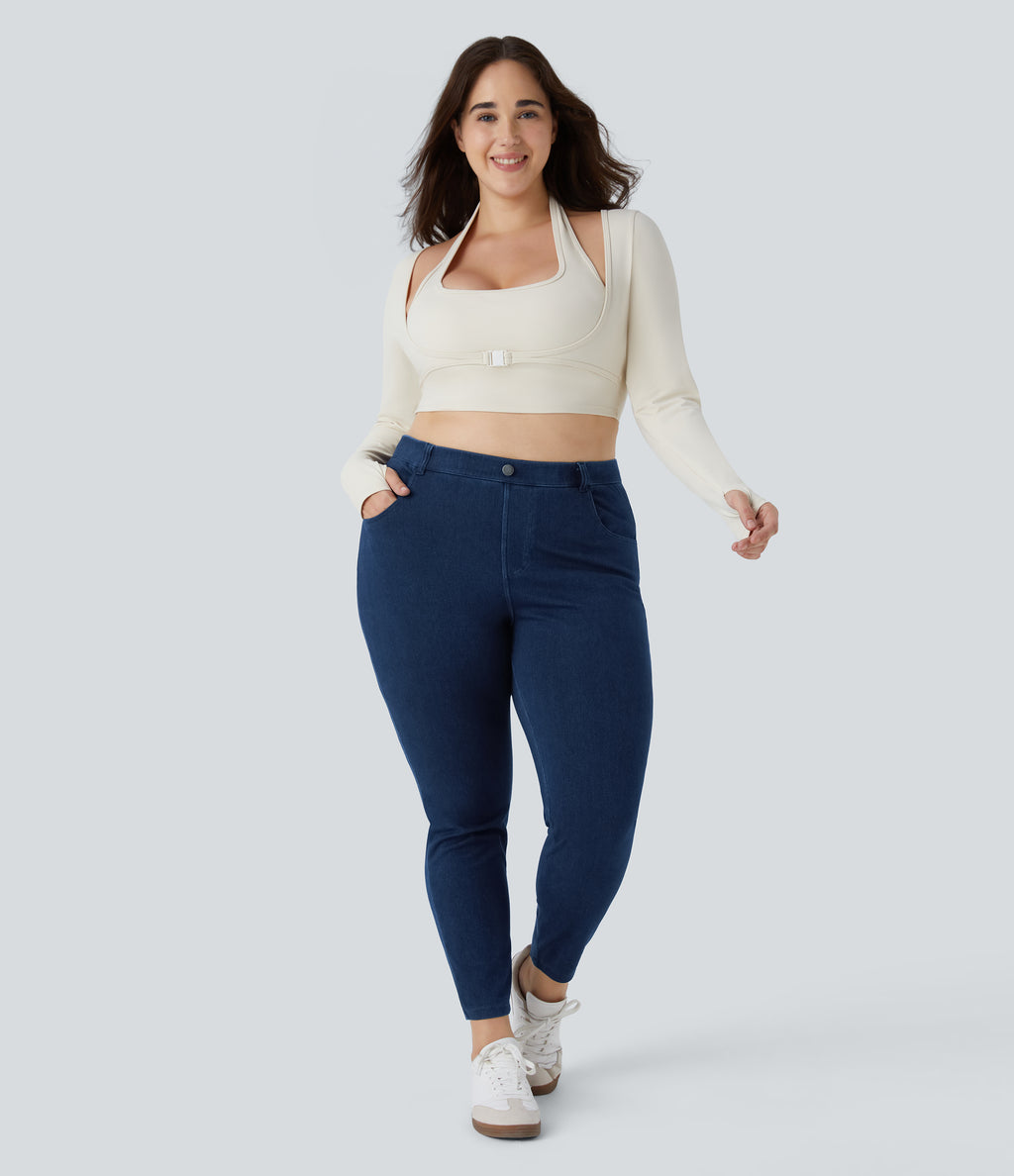 High Waisted Pockets Denim Work 7/8 Plus Size Leggings — Washed Denim Navy Blue — view 5