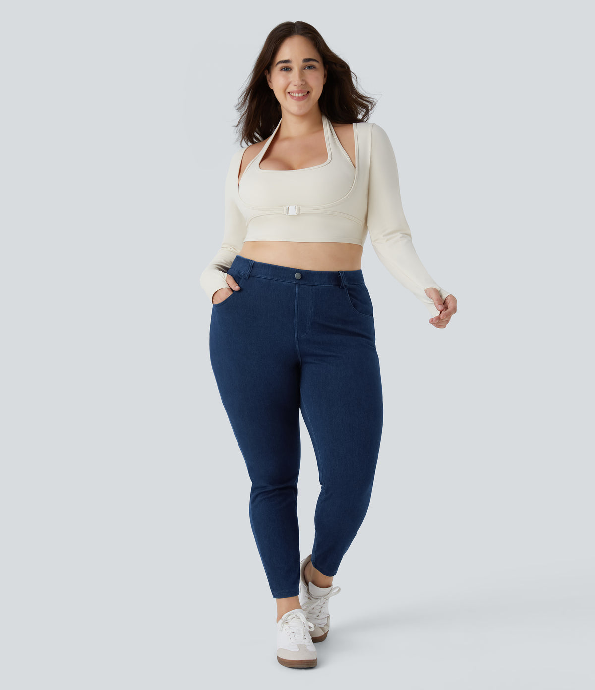 High Waisted Pockets Denim Work 7/8 Plus Size Leggings — Washed Denim Navy Blue — view 5