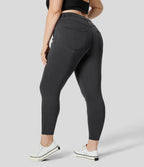 High Waisted Pockets Denim Work 7/8 Plus Size Leggings — Hemp Rope Black Denim — view 6