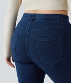 High Waisted Pockets Denim Work 7/8 Plus Size Leggings — Washed Denim Navy Blue — view 4
