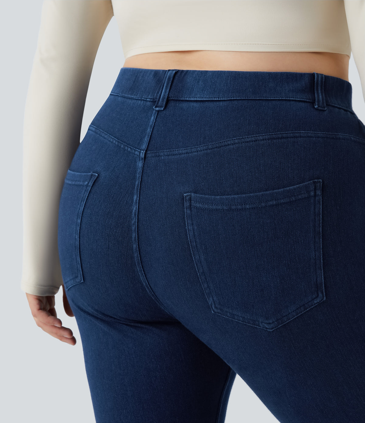 High Waisted Pockets Denim Work 7/8 Plus Size Leggings — Washed Denim Navy Blue — view 4