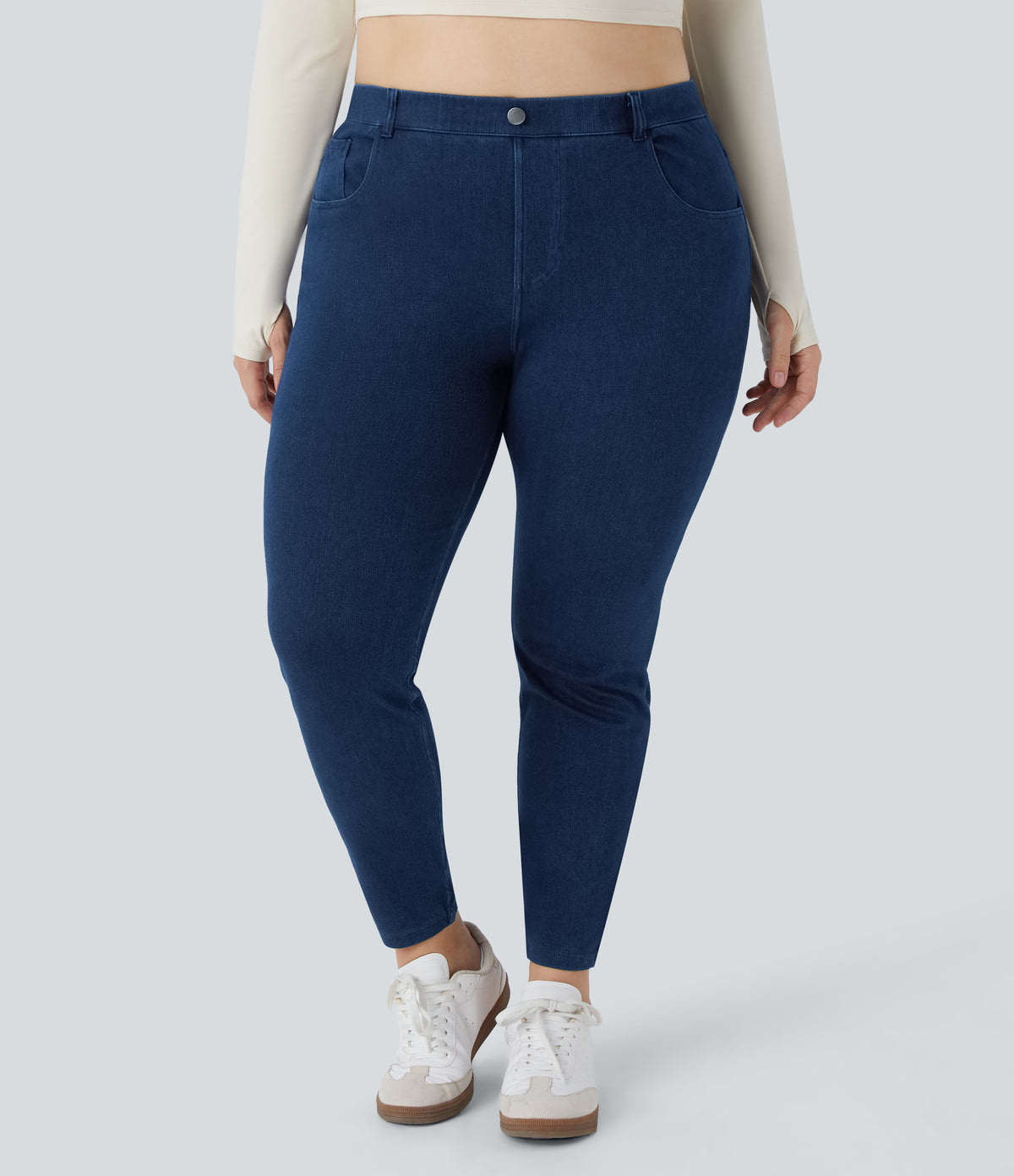 High Waisted Pockets Denim Work 7/8 Plus Size Leggings — Washed Denim Navy Blue — view 3