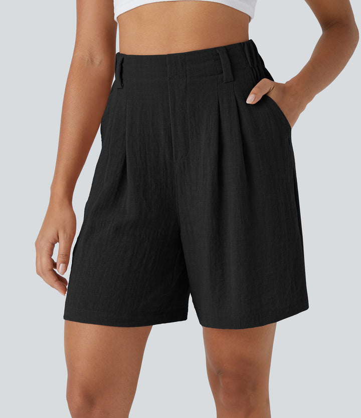 High Waisted Side Pocket Wide Leg Casual Linen-Feel Bermuda Shorts — Black — view 1