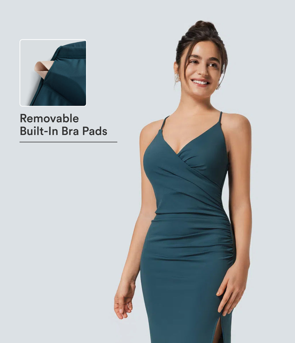 Airy Crossover Ruched Lace Up Bodycon InstantCool Dress — Ink Green — view 6