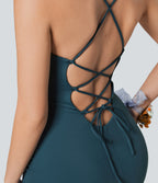Airy Crossover Ruched Lace Up Bodycon InstantCool Dress — Ink Green — view 5