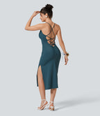 Airy Crossover Ruched Lace Up Bodycon InstantCool Dress — Ink Green — view 1