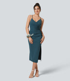 Airy Crossover Ruched Lace Up Bodycon InstantCool Dress — Ink Green — view 4