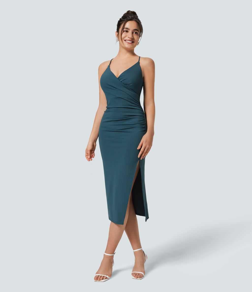 Airy Crossover Ruched Lace Up Bodycon InstantCool Dress — Ink Green — view 2