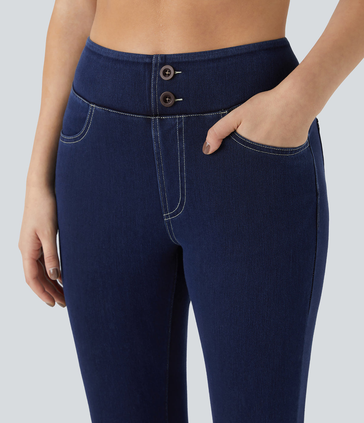 Curvy High Waisted Decorative Pockets Denim Casual 7/8 Leggings — Washed Denim Navy Blue — view 4