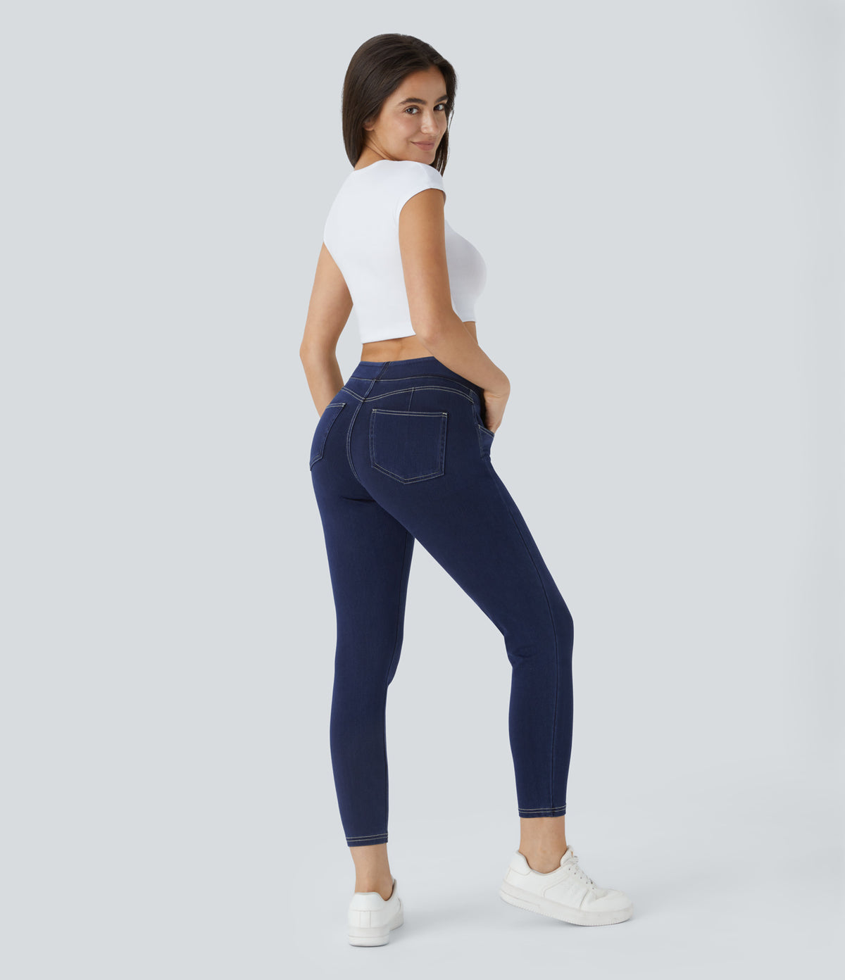 Curvy High Waisted Decorative Pockets Denim Casual 7/8 Leggings — Washed Denim Navy Blue — view 6