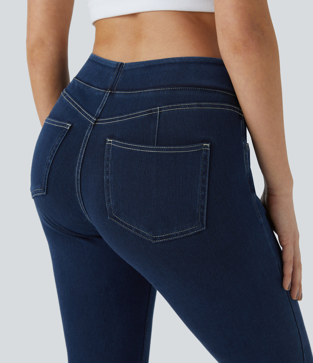 Curvy High Waisted Decorative Pockets Denim Casual 7/8 Leggings — Washed Denim Navy Blue — view 5