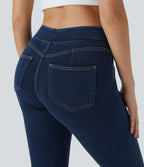 Curvy High Waisted Decorative Pockets Denim Casual 7/8 Leggings — Washed Denim Navy Blue — view 5