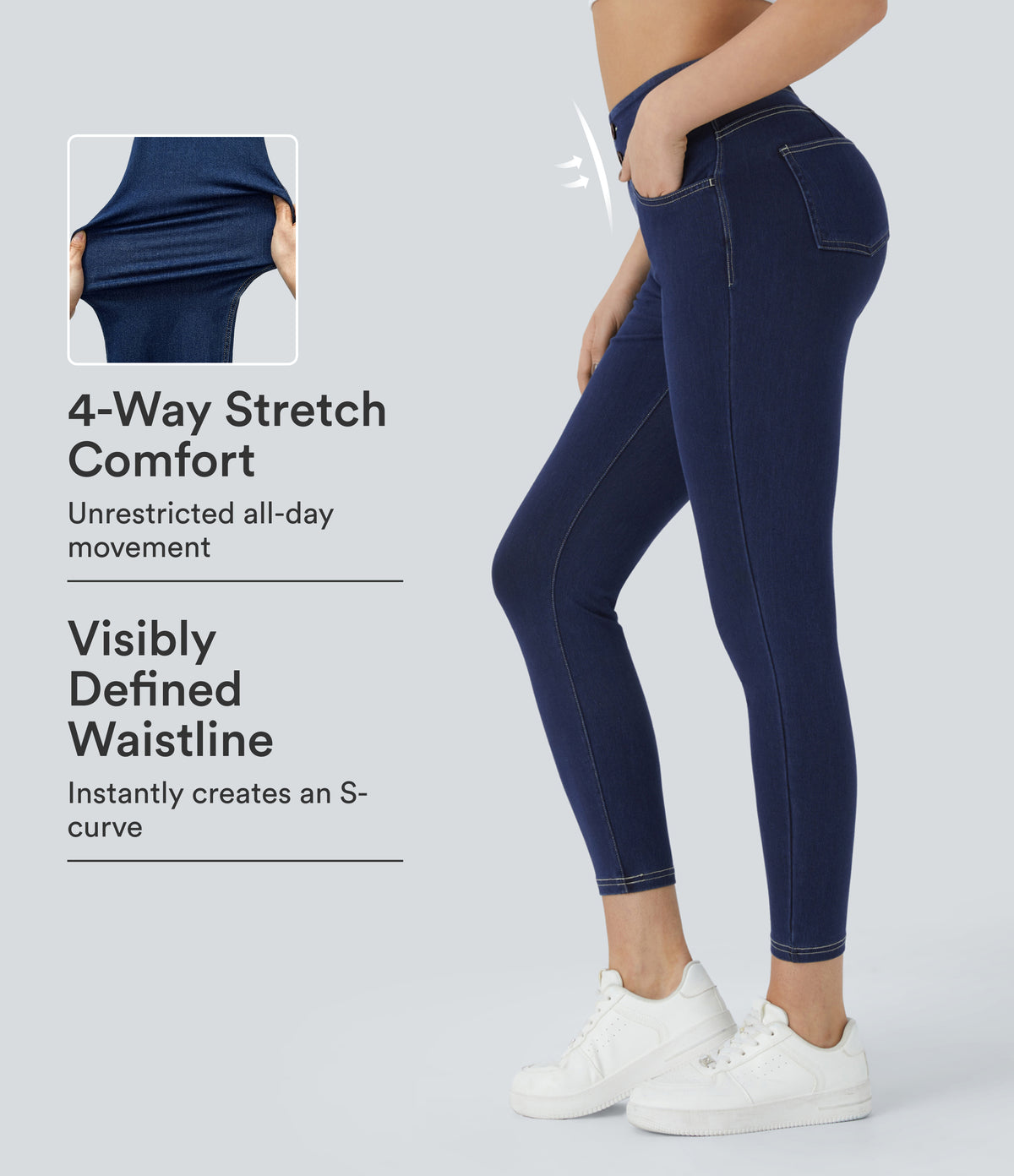 Curvy High Waisted Decorative Pockets Denim Casual 7/8 Leggings — Washed Denim Navy Blue — view 1