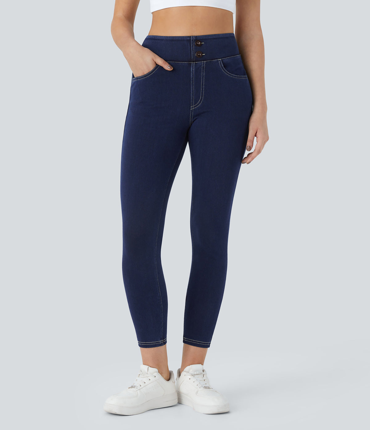 Curvy High Waisted Decorative Pockets Denim Casual 7/8 Leggings — Washed Denim Navy Blue — view 3