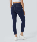 Curvy High Waisted Decorative Pockets Denim Casual 7/8 Leggings — Washed Denim Navy Blue — view 2