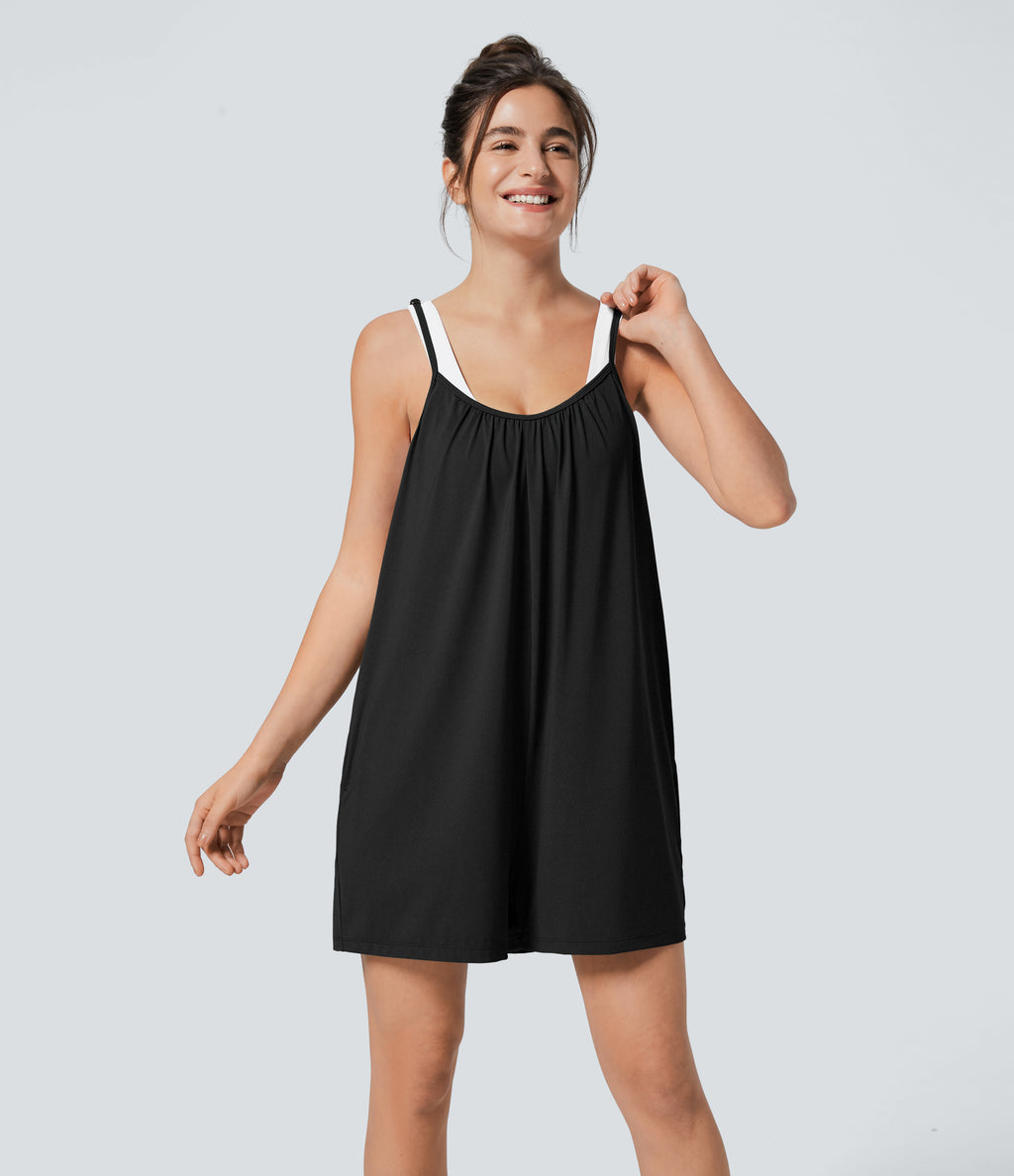 Spaghetti Adjustable Strap Side Pocket Solid Wide Leg Casual Jumpsuit — Tap Shoe — view 3
