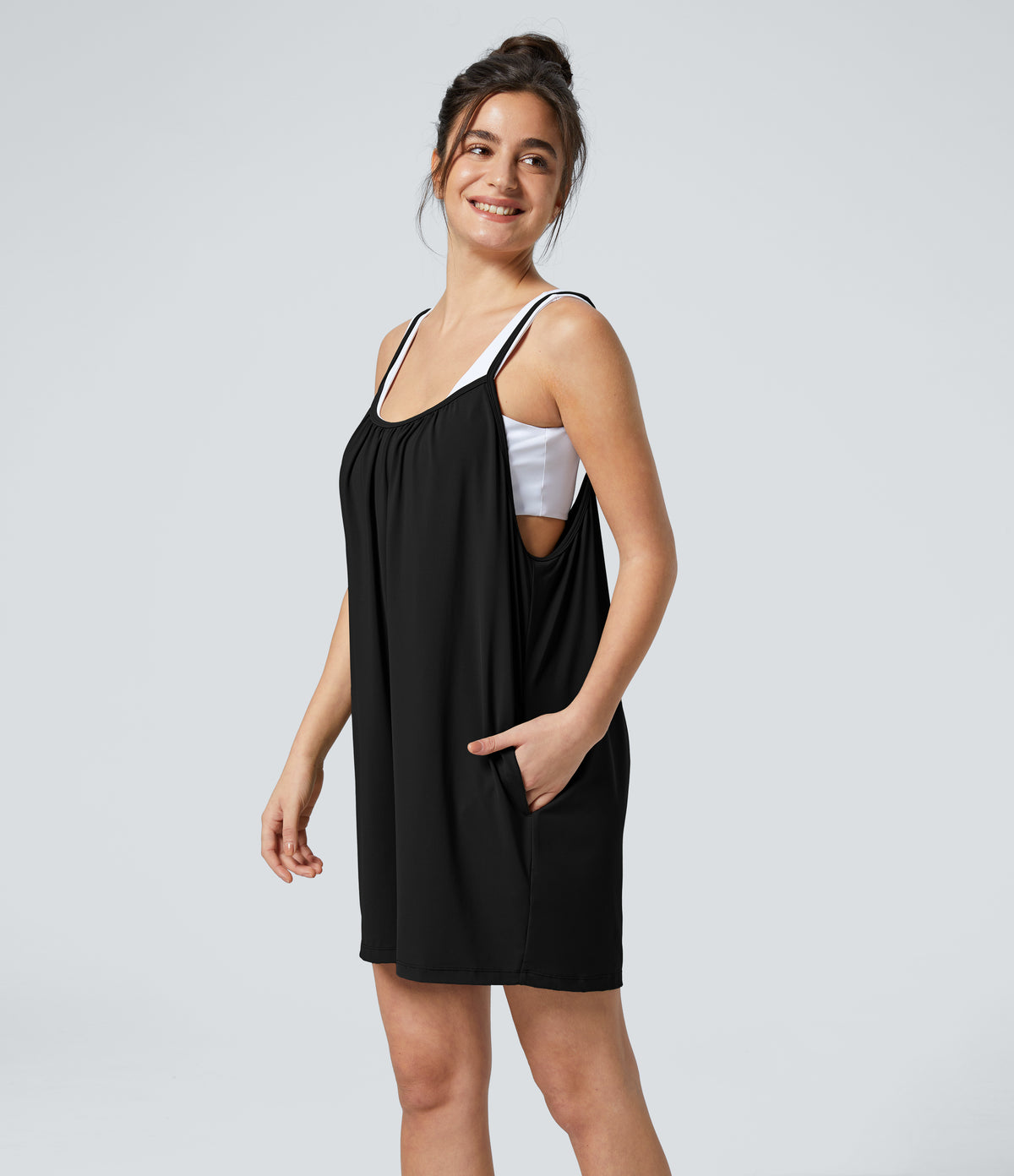 Spaghetti Adjustable Strap Side Pocket Solid Wide Leg Casual Jumpsuit — Tap Shoe — view 4