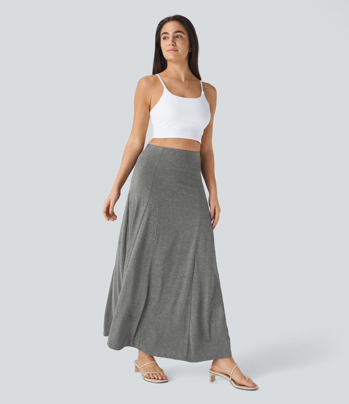High Waisted Side Zipper Maxi Casual Flare Skirt — Darl Gray Floral Yarn — view 6