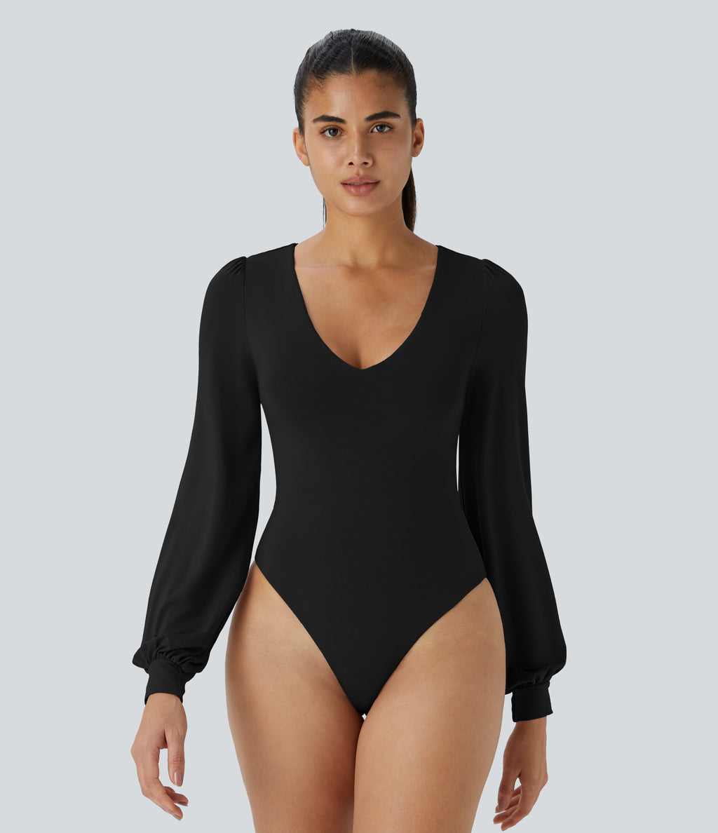 V Neck Long Sleeve Button Work Bodysuit — Black — view 2