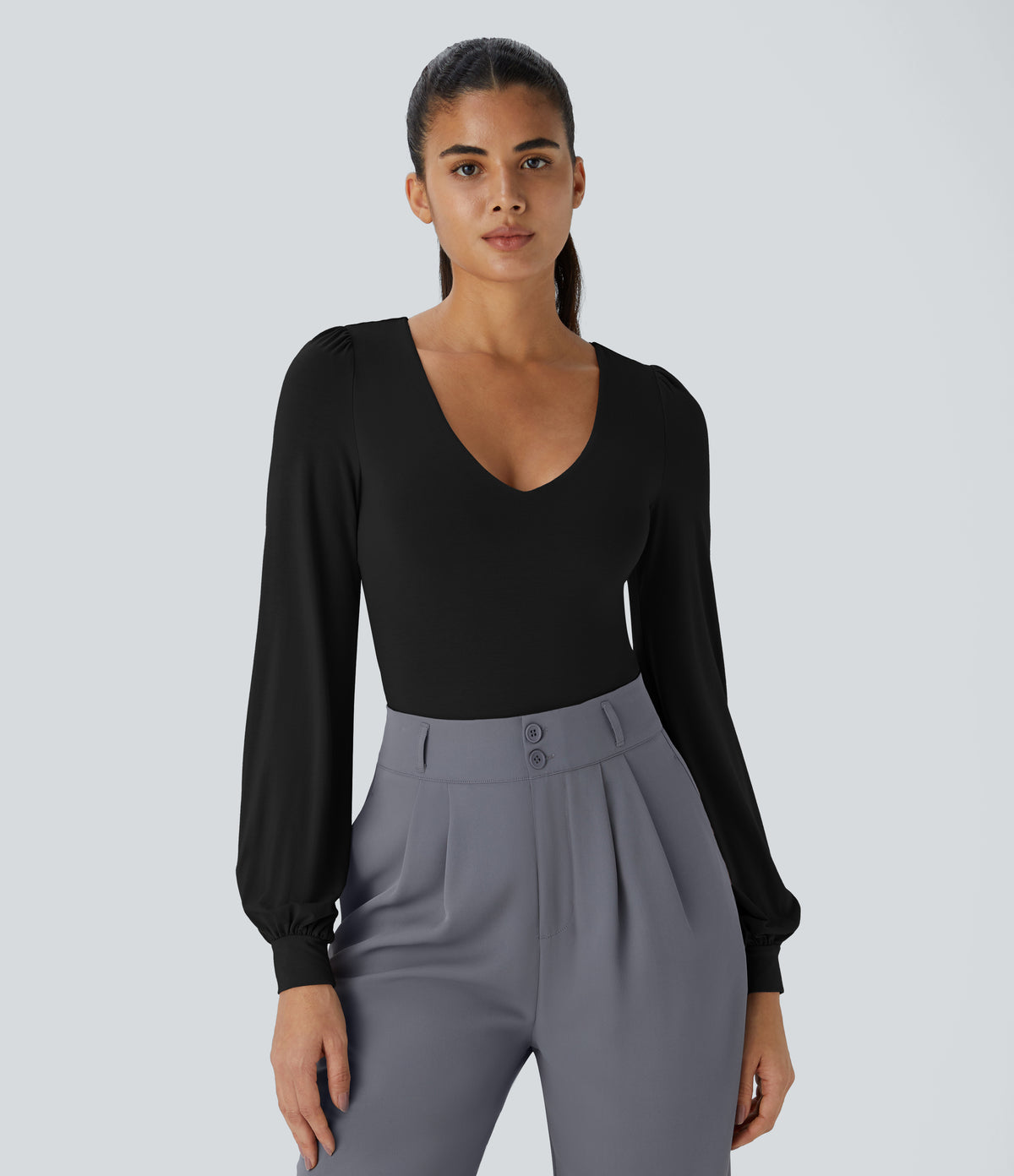 V Neck Long Sleeve Button Work Bodysuit — Black — view 3