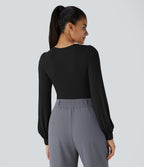 V Neck Long Sleeve Button Work Bodysuit — Black — view 1