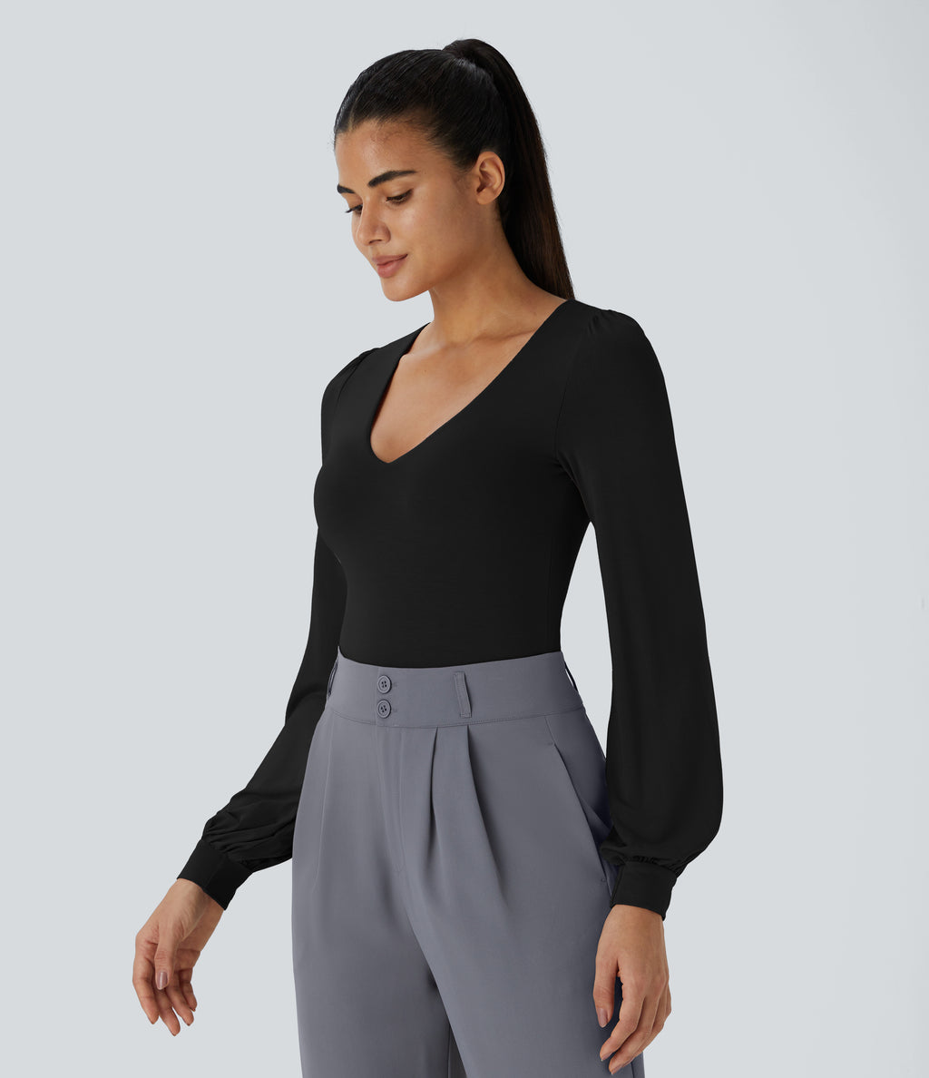 V Neck Long Sleeve Button Work Bodysuit — Black — view 4