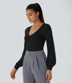 V Neck Long Sleeve Button Work Bodysuit — Black — view 4