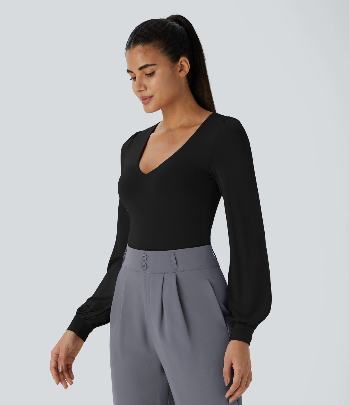 V Neck Long Sleeve Button Work Bodysuit — Black — view 4