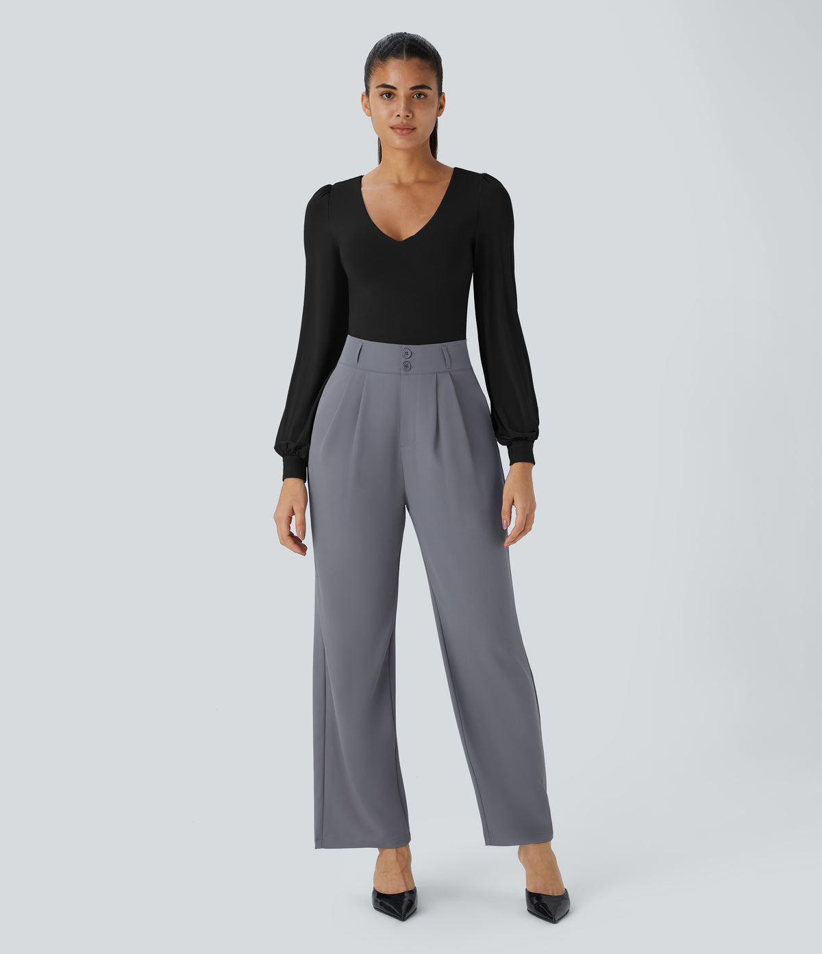 V Neck Long Sleeve Button Work Bodysuit — Black — view 7