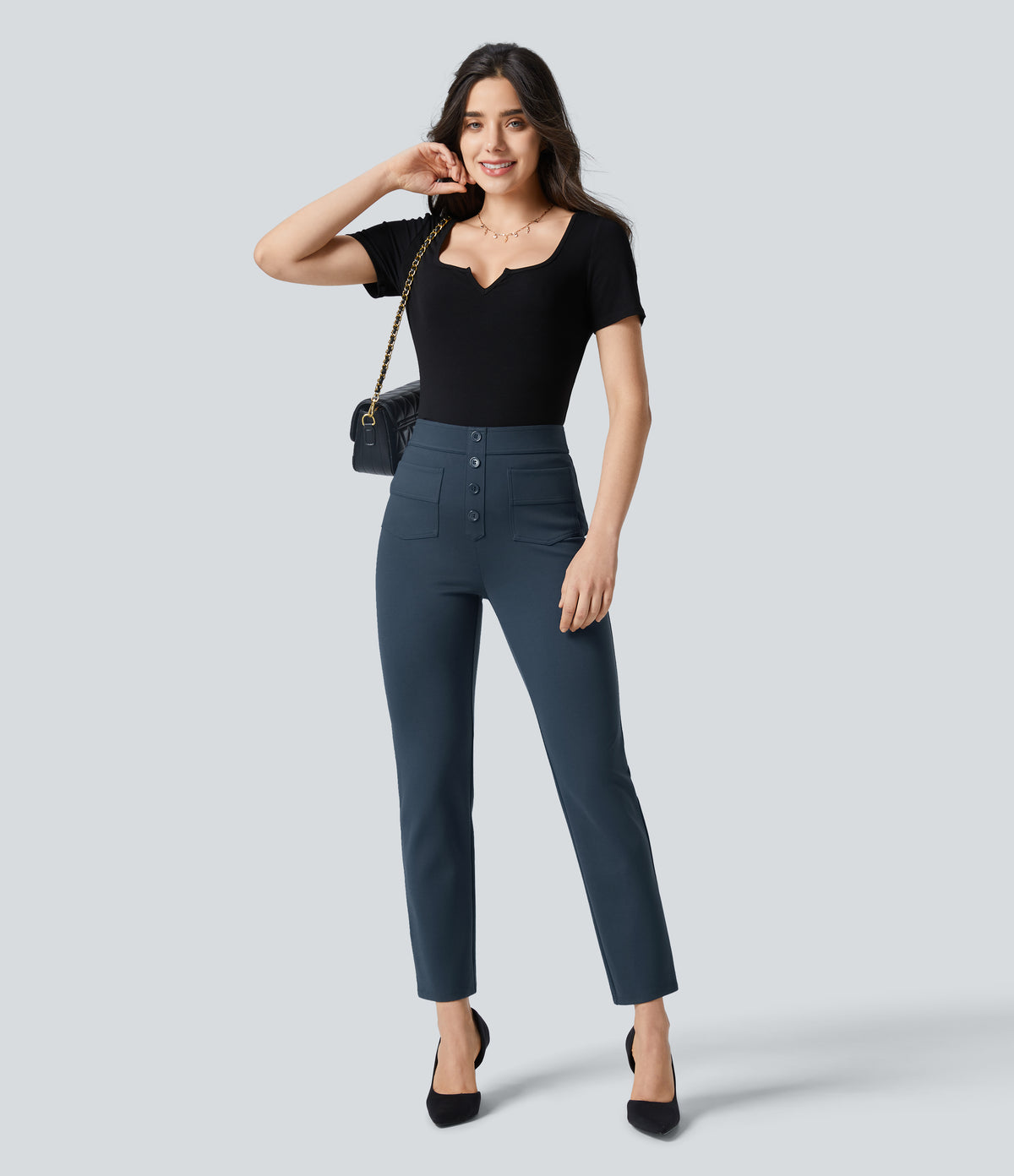 High Waisted Pockets Ankle Length Work Pants — Big Dipper — view 6