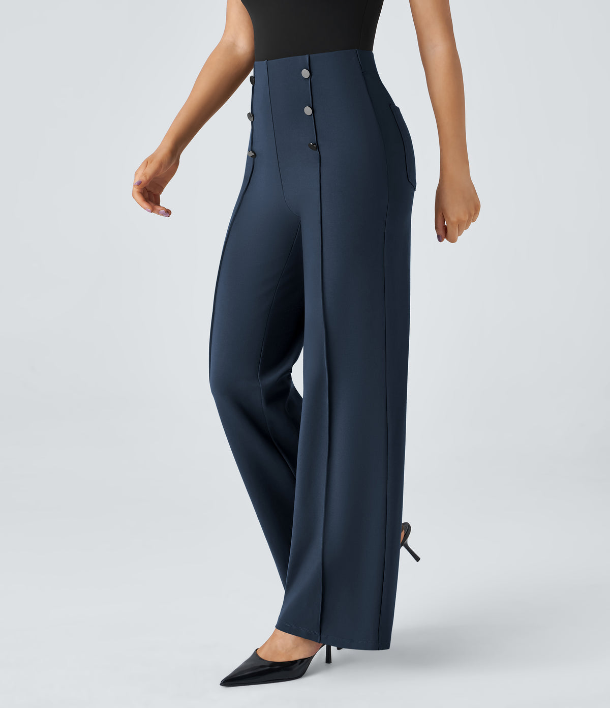 High Waisted Button Pocket Wide Leg Work Trousers — Spellbound — view 3