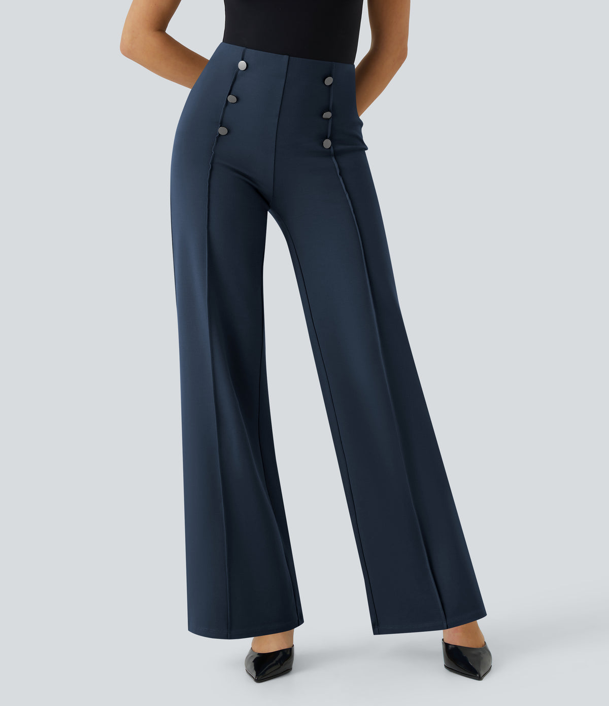 High Waisted Button Pocket Wide Leg Work Trousers — Spellbound — view 1