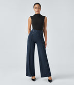 High Waisted Button Pocket Wide Leg Work Trousers — Spellbound — view 6