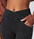 Denim Heat High Waisted Crossover Pockets Casual 7/8 Leggings — Gloomy Black Denim — view 4