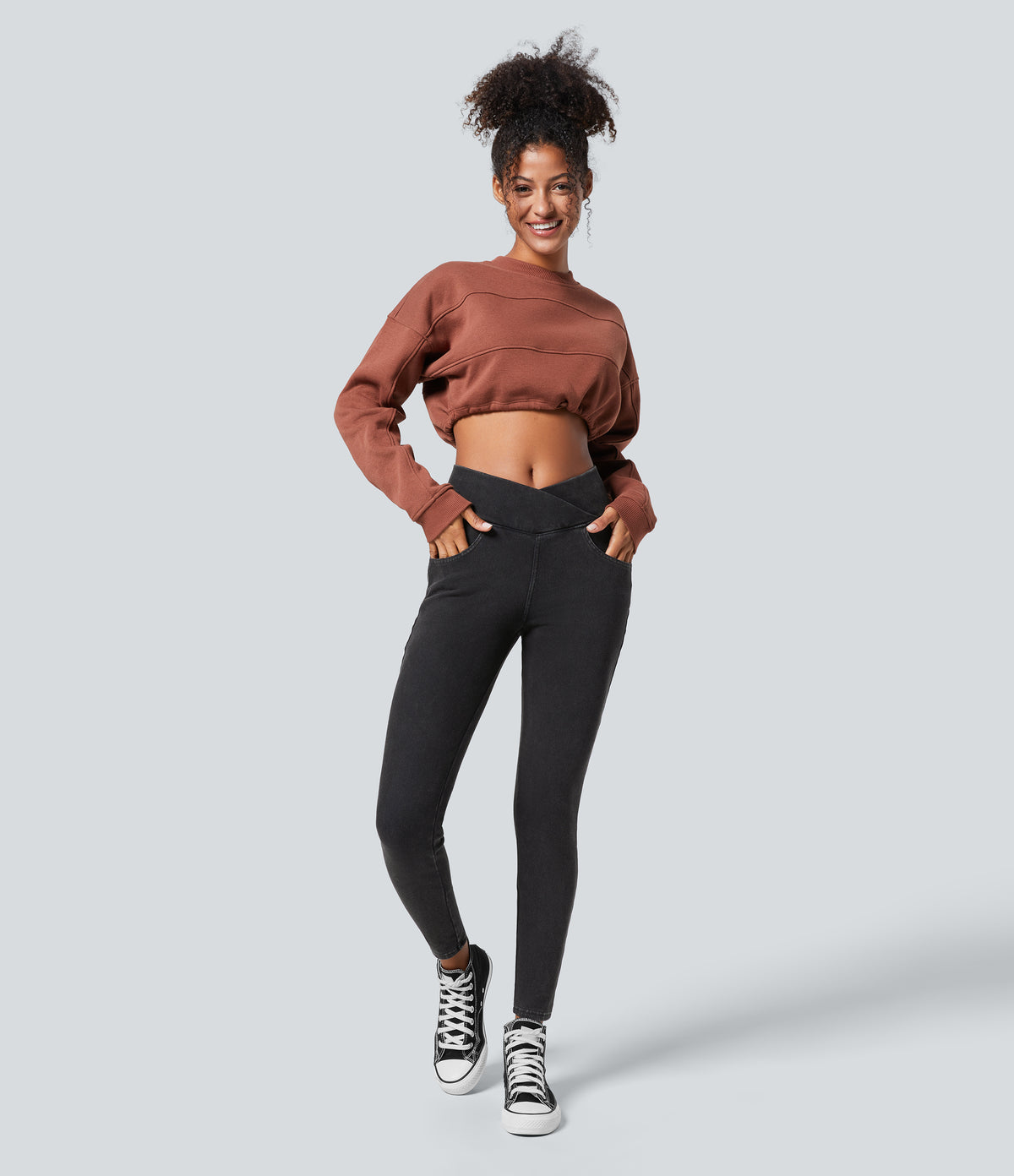 Denim Heat High Waisted Crossover Pockets Casual 7/8 Leggings — Gloomy Black Denim — view 6