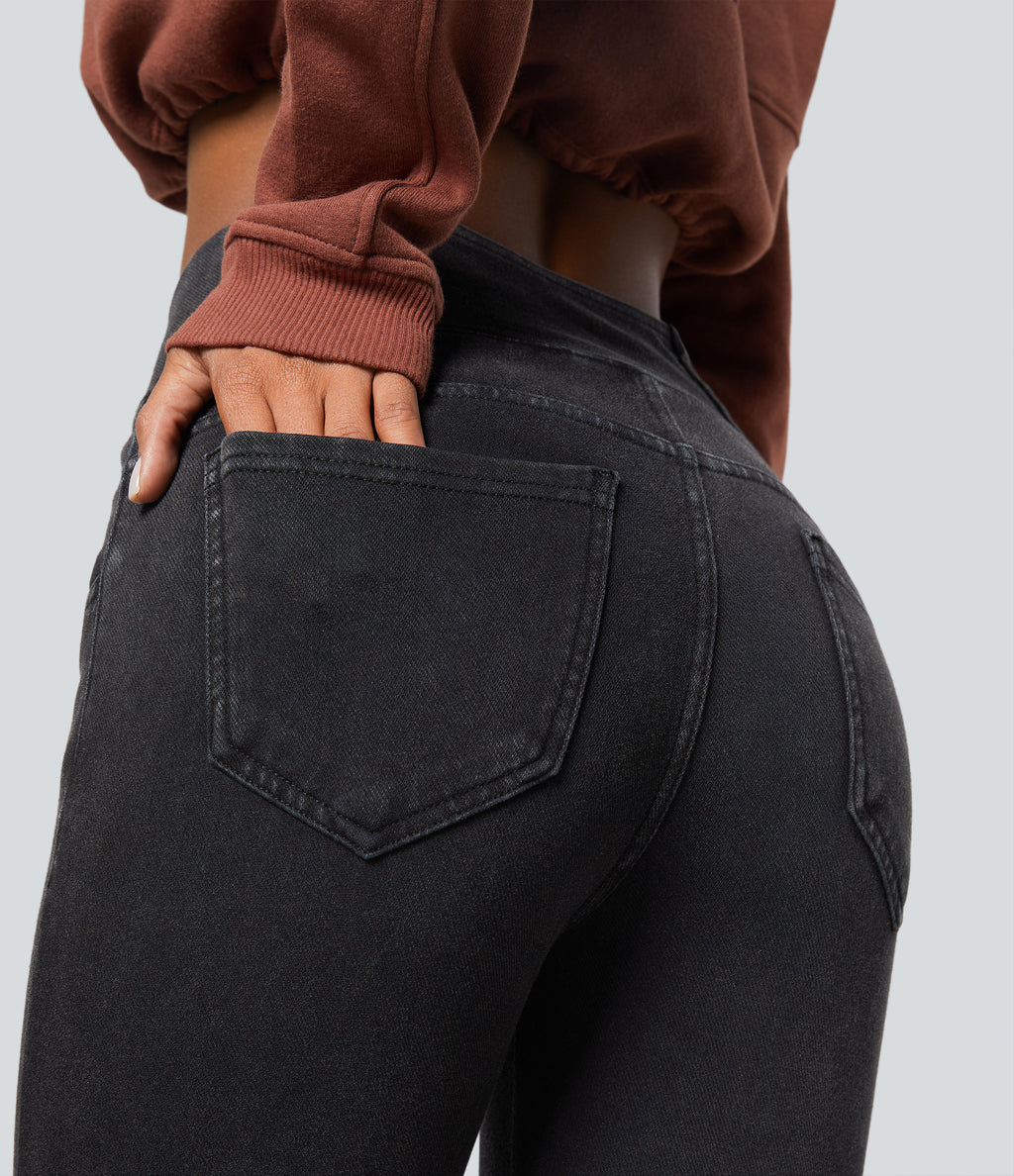 Denim Heat High Waisted Crossover Pockets Casual 7/8 Leggings — Gloomy Black Denim — view 5
