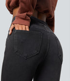 Denim Heat High Waisted Crossover Pockets Casual 7/8 Leggings — Gloomy Black Denim — view 5