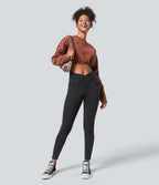 Denim Heat High Waisted Crossover Pockets Casual 7/8 Leggings — Gloomy Black Denim — view 7