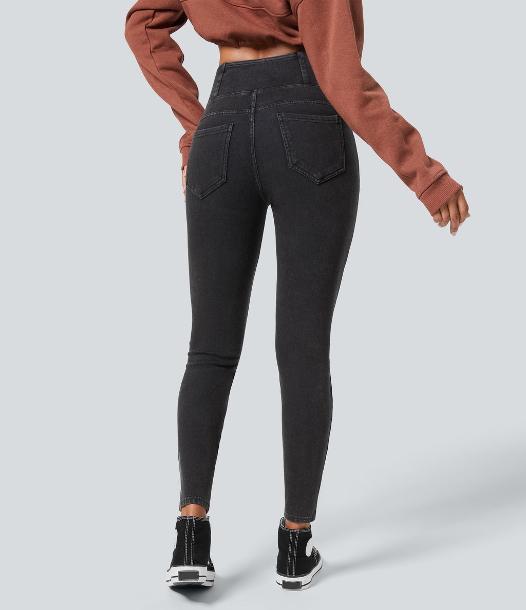 Denim Heat High Waisted Crossover Pockets Casual 7/8 Leggings — Gloomy Black Denim — view 2